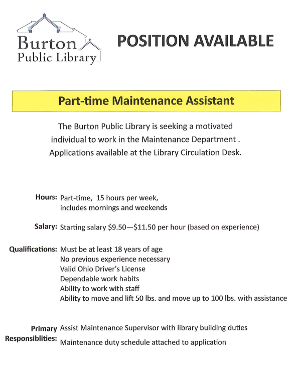 Current Job Opening Join our Library Team Burton Public Library